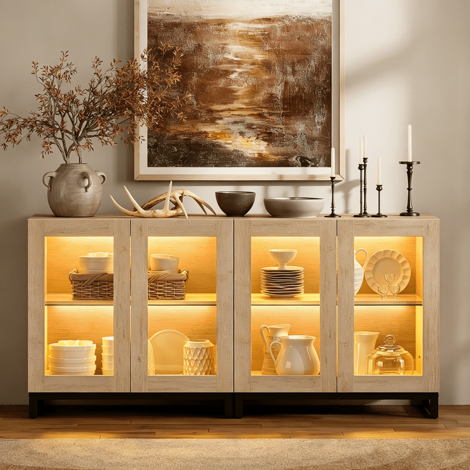 Modern Sideboard Buffet Cabinet with Glass Door & Drawer, Adjustable Shelf Credenza, Coffee Bar Storage Cabinet for Living Room & Kitchen,Beige