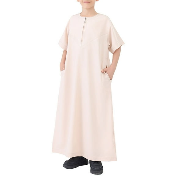 KAUOD Teen Kids Half Zipper Muslim Thobe Plain Short Sleeve Pullover Abaya Robe Long Thobe Clothes for Boys Girls