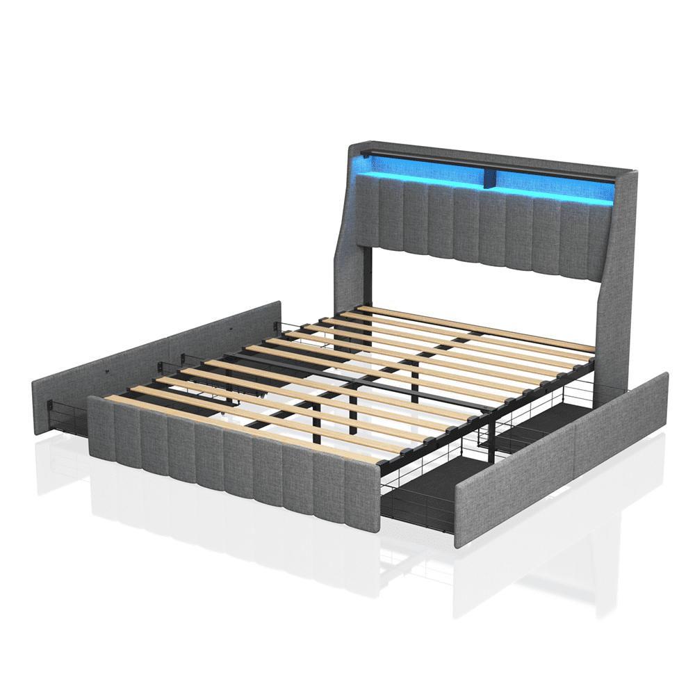 Euroco Queen Size Platform Bed with LED Light, Modern Storage Bed with 4 Drawers, Light Grey