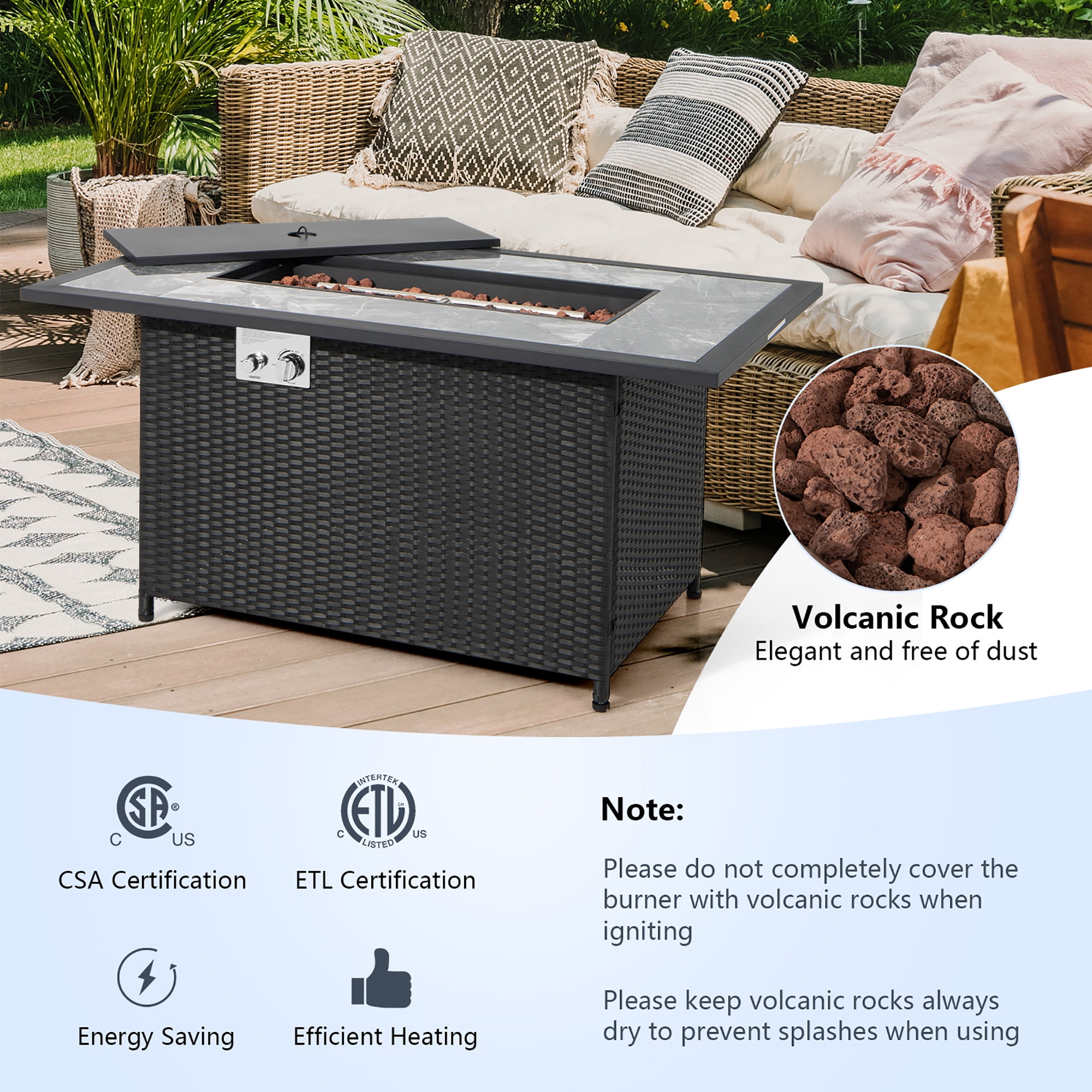 Costway 52'' Propane Fire Pit Table Marble Tabletop Rattan Wicker w/ Rain Cover Lava Rock
