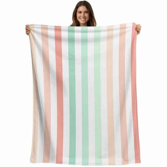 Flannel Fleece Throw Blanket Pink Sage Green Gradient Stripes Lightweight Soft Plush Blankets,Geometric Minimalist Style Cozy Warm Throw Blanket for Couch Sofa Bed Car Office All Season Use 40x50in