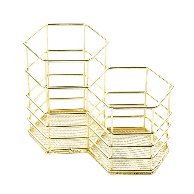 EeaseMX Portalápices hexagonal doble, creativo y práctico, de hierro, para guardar bolígrafos y otros artículos, con forma de flor (dorado).