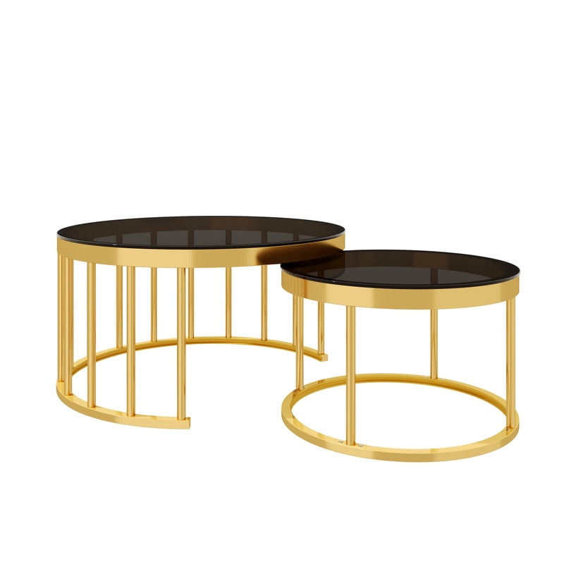 Round Nesting Coffee Table Set of 2, Modern Golden Metal Frame Accent Circular Cocktail Table with Mirrored Table Top