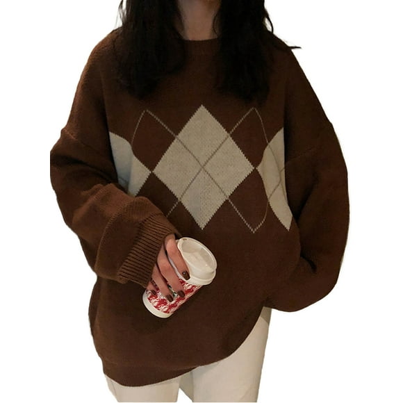 Fortune Women Oversize Sweater Argyle Print Knitted Pullover Loose Sweater