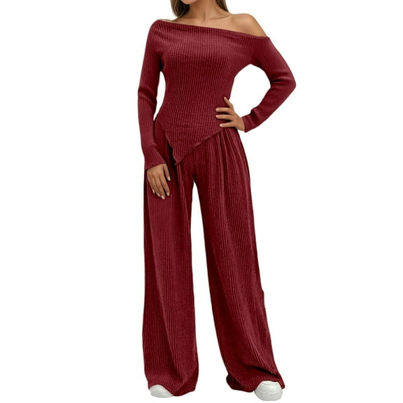 sususu Casual Outfits for Women,Fashion Clothing Women's Two Piece Comfort Outfit Relaxed Drop Shoulder Tee with Flowy Wide Leg Pants Soft Casual Wear Set for Everyday - Red