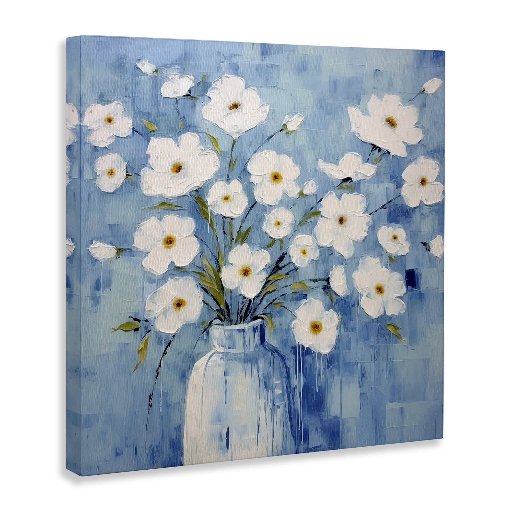 Stupell Industries White Blooms with Paint Drip Plants & Flowers Painting Wrapped Canvas Art Print Wall Art, 24 x 24