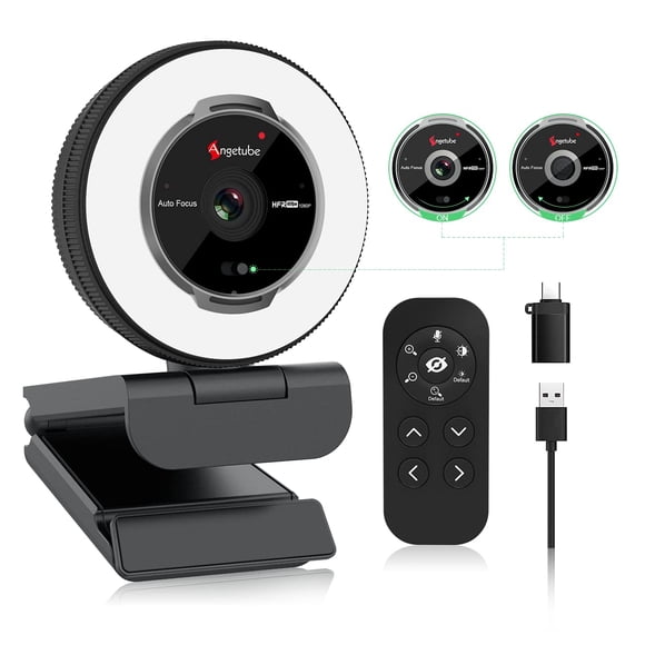 Cámara web Angetube 862Pro 1080P 60 FPS con anillo de luz y control remoto