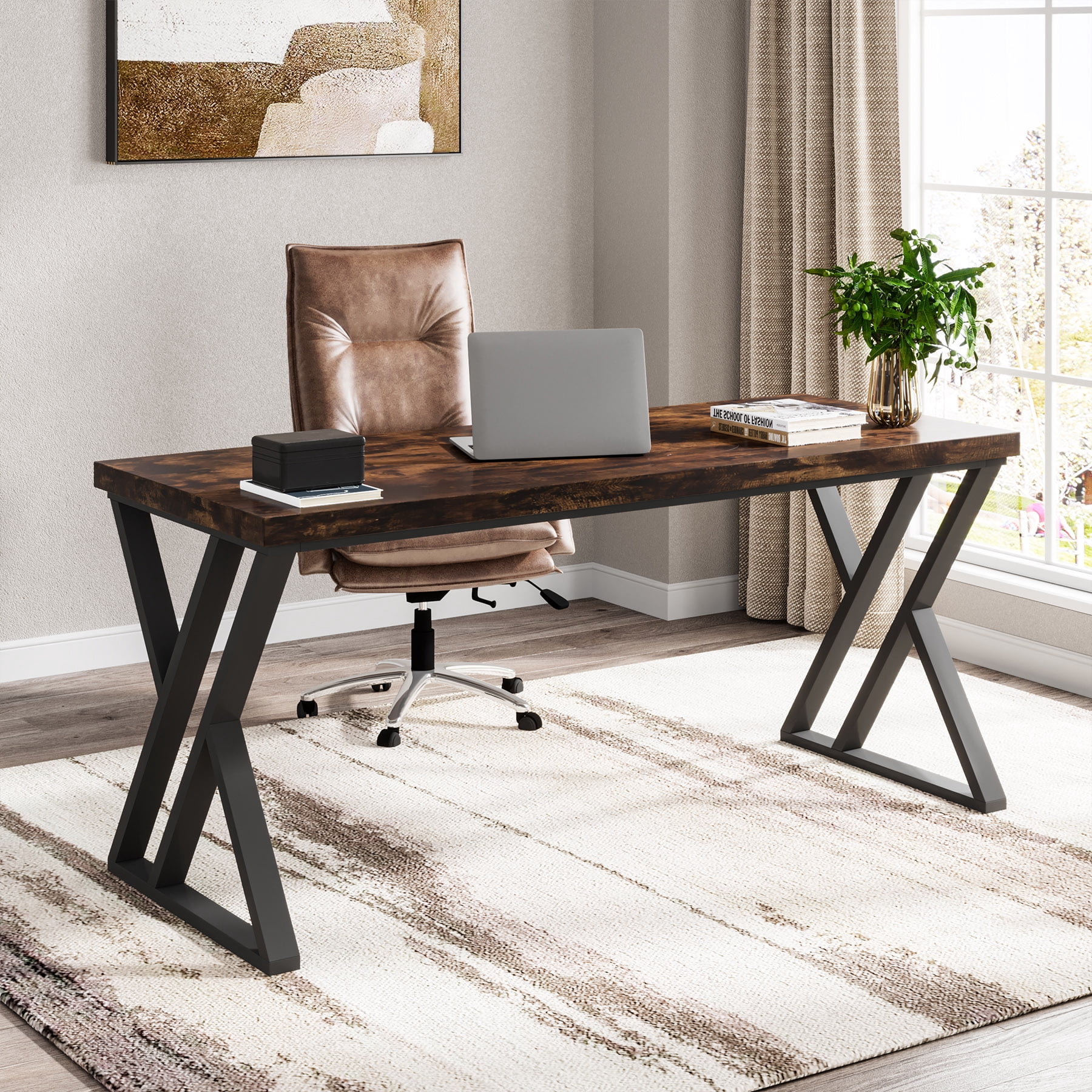 Heavy Duty Study Desk with Z-Shaped Metal Leg, Modern Simple Home Office Computer Desk, Rustic Brown