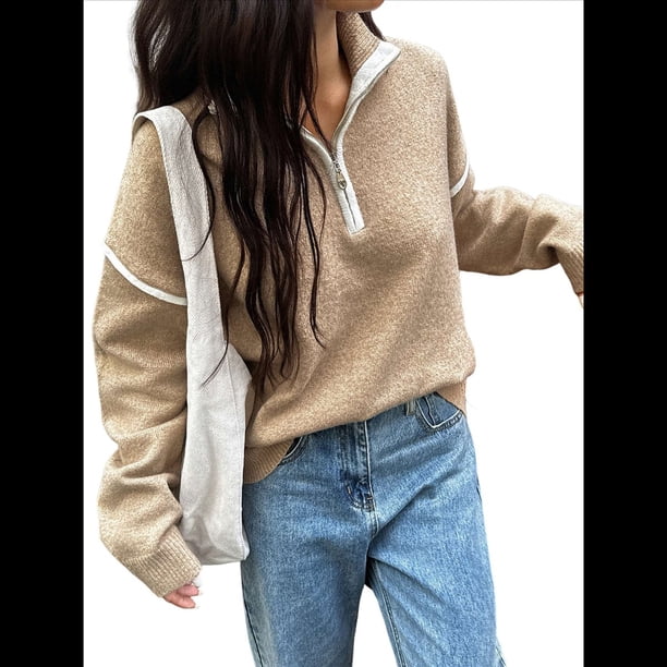 Suéteres Casuales con Cuello en V y Larga para Mujer, con Cremallera de un Cuarto, de Punto Holgado, con Bloques de Color y Cuello en V, para Otoño. Caqui M