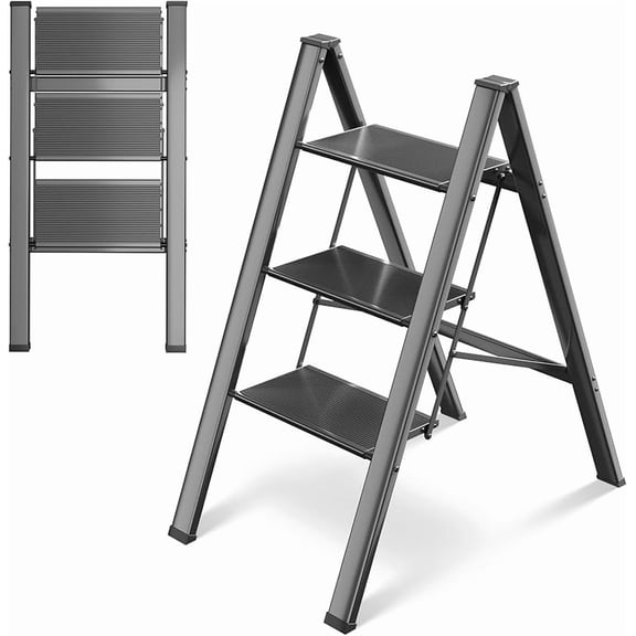 Step Ladder, Aluminum Step Ladder 3 Step Folding with Anti-Slip Pedal, 330LBS Capacity Folding Step Ladder, Lightweight Stepladder for Kitchen, Office, Home, Garage (Silver)