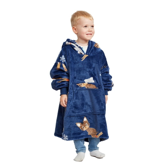 Catalonia Ski Cat Wearable Blanket Hoodie for Kids, Fleece Snuggy Sweatshirt Pullover, 4-12 Years Boy Girl Gift