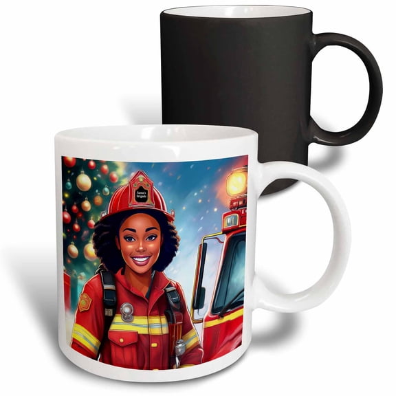 3drose, African American Female Firefighter and Truck in Santa Hat Christmas, 11oz Magic Transforming Mug
