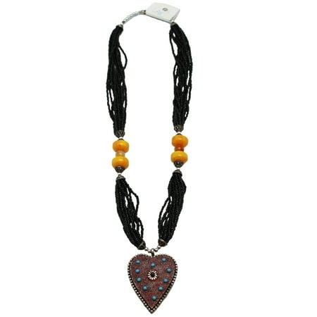 Multi-String Bead Necklace With Silver Aztec Heart Pendant