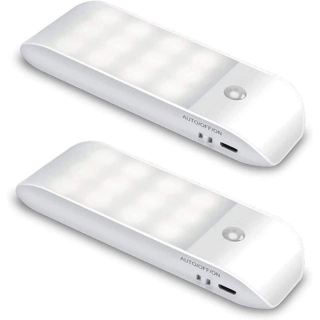 Lámpara de armario con sensor de movimiento automático de 2 piezas, luz nocturna portátil, LED recargable por USB con pegatinas magnéticas, cálida para armario, pasillo y escalera.