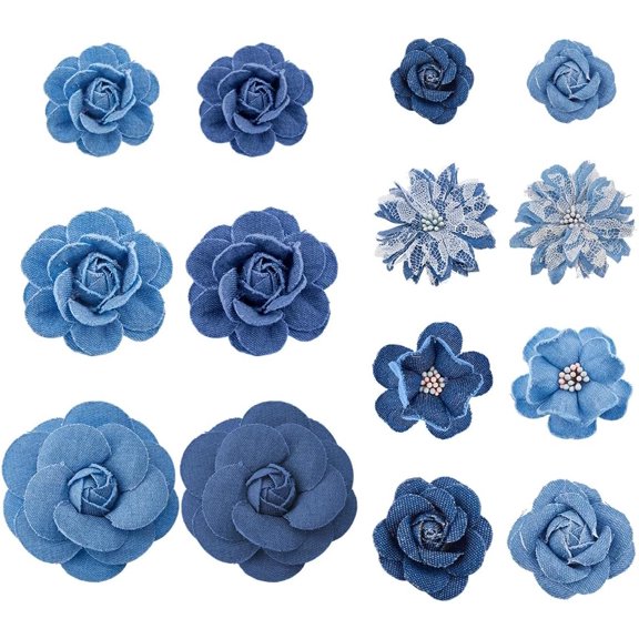 14 Styles Fabric Flower Denim Marine Blue Denim Cloth Flowers Fabric Camelia Canvas Fabrics Flower Jean Sewing Ornaments for DIY Jacket Skirt Coat Costume Accessories colorful