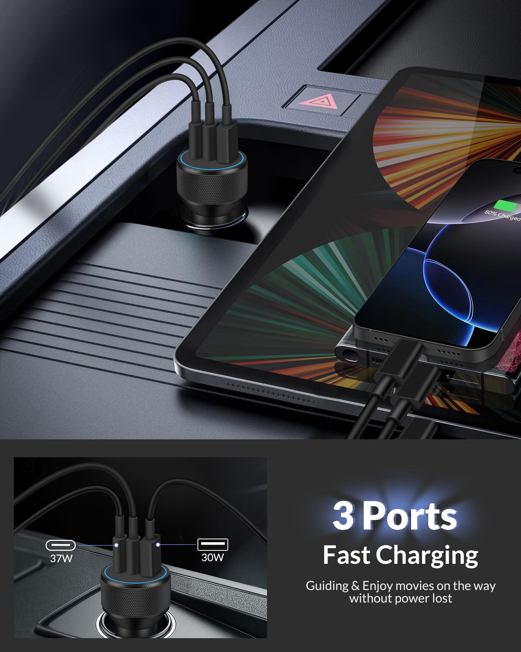 Quyaojz iPhone 17e/17/17 Car Charger Fast Charging, 2-Pack 67W 3-Port Fast USB C Car Charger Adapter Cigarette Lighter with 3FT Type C Cable Cord for iPhone 17e/17/17 /, iPad