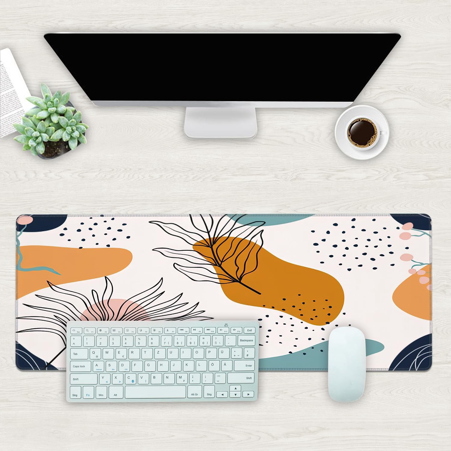 Desk Mat, Boho Abstract Leaves Extended Gaming Mouse Pad Large, 31.5"x11.8" Big Mouse Pad with Non-Slip Base and Stitched Edge, Long Computer Keyboard Mouse Mat for Home Office Work