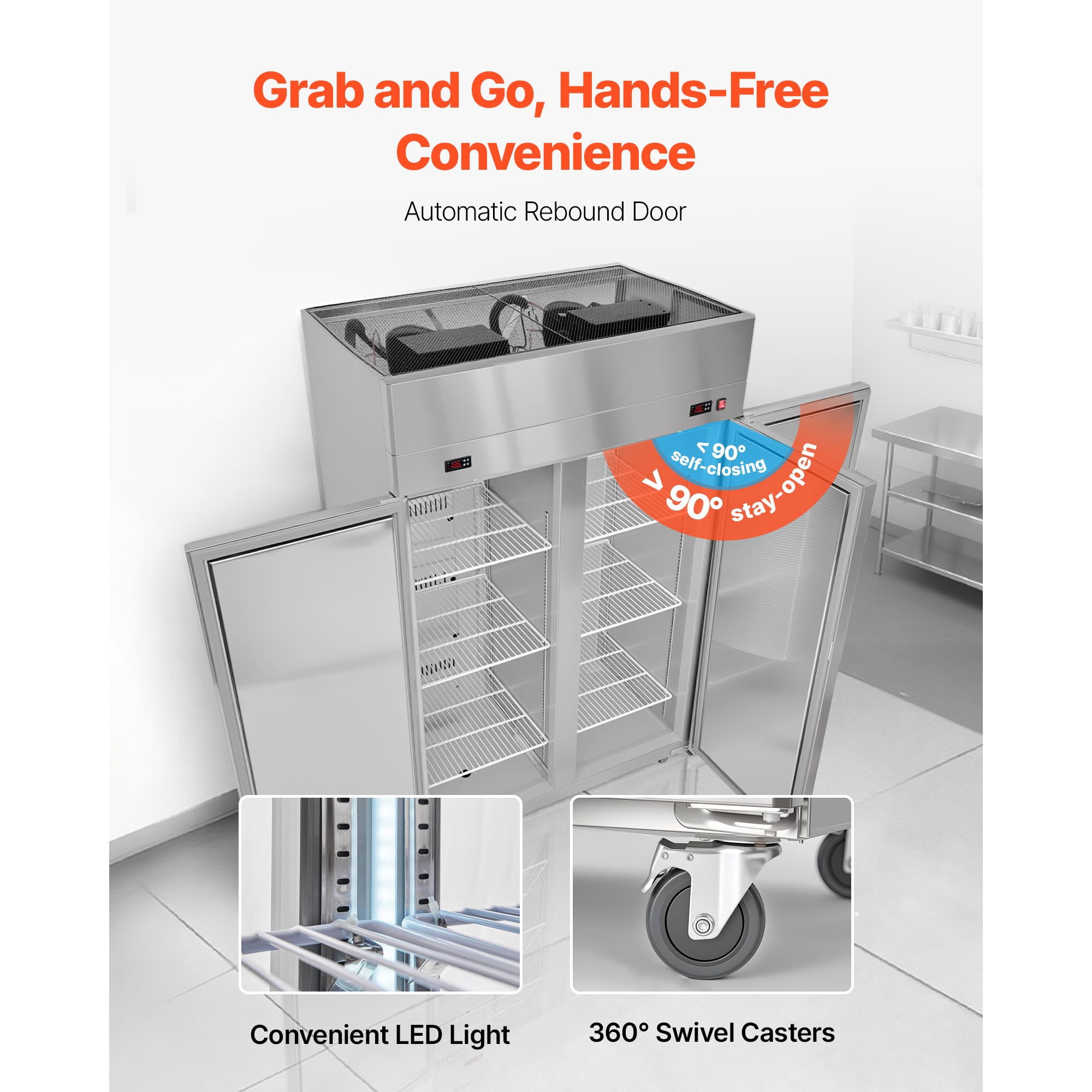 KFFKFF Commercial Refrigerator and Freezer Combo, 47.64 in Wide Upright Double Door Unit, 31.1 Cu.ft Stainless Steel Design with Auto-Defrost, 6 Adjustable Shelves, LED Lighting, and 4 Casters