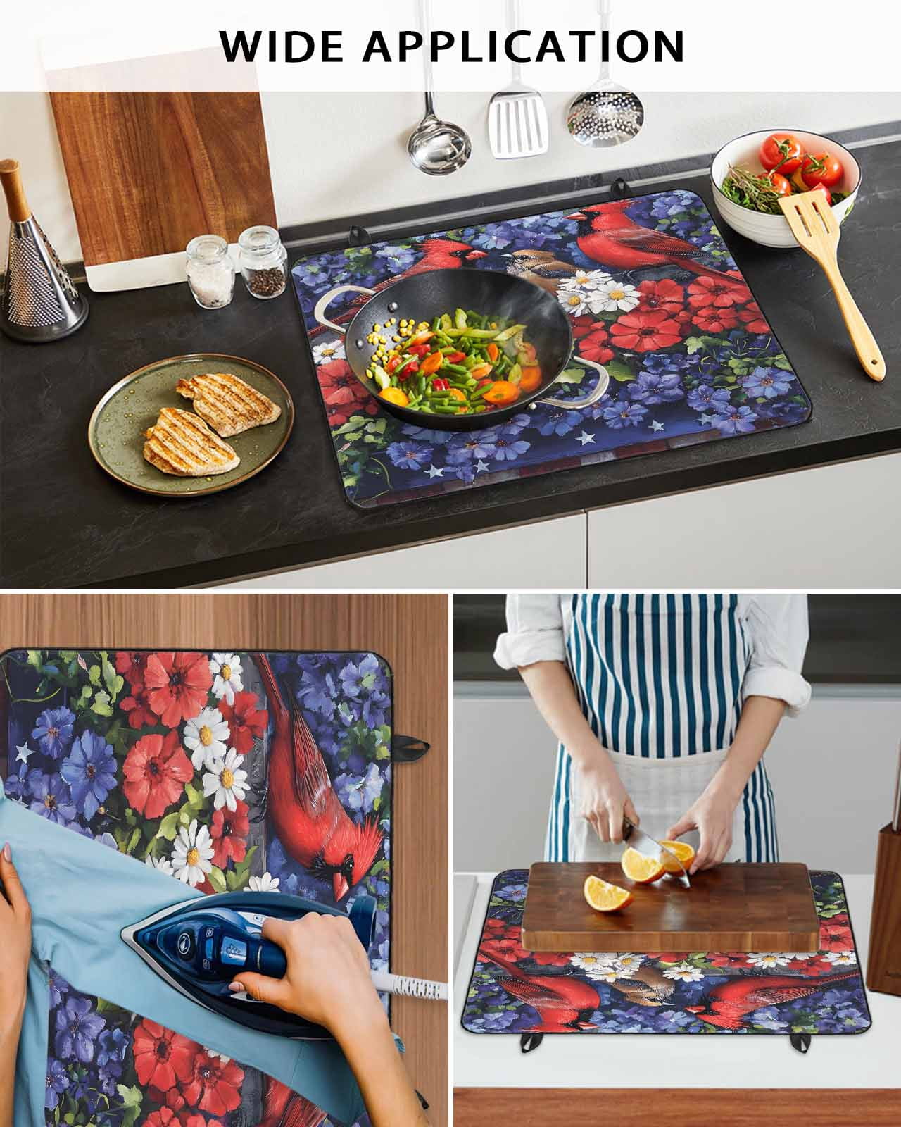 nqOlkjepod Large Induction Cooktop Protector Mat 36"x21", Independence Day Stove Top Covers for Electric Stove, 4th of July Red Blue Poppy Flower Stove Burner Cover Mats, Glass Top Stove Cover