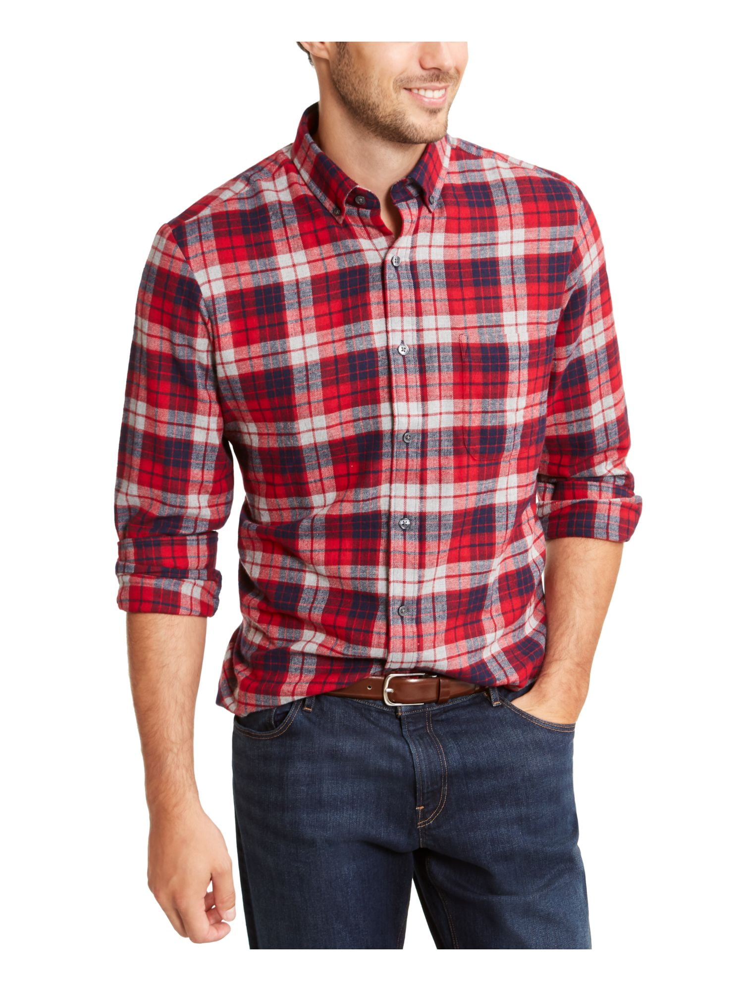 CLUBROOM Mens Red Plaid Long Sleeve Collared Classic Fit Button Down ...