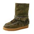 thumbnail image 5 of Rokment Wide Mid Calf Winter Snow Boots for Women Ethnic Boho Fringe Buckles Fringe Fleece Lined Warm Suede Platform Low Heel Fold over Tall Boots Green Size 6, 5 of 6