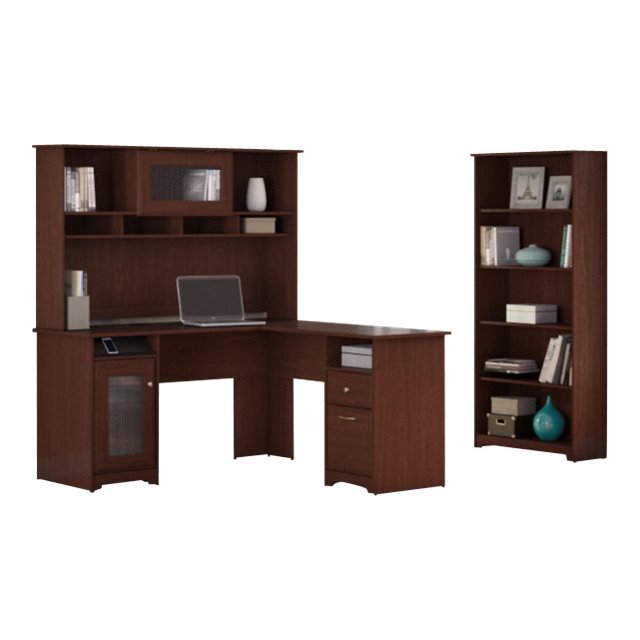 Bush Furniture Cabot Bureau d'Ordinateur en L 60W avec Huche et Bibliothèque à 5 Tablettes, Cerisier Récolte