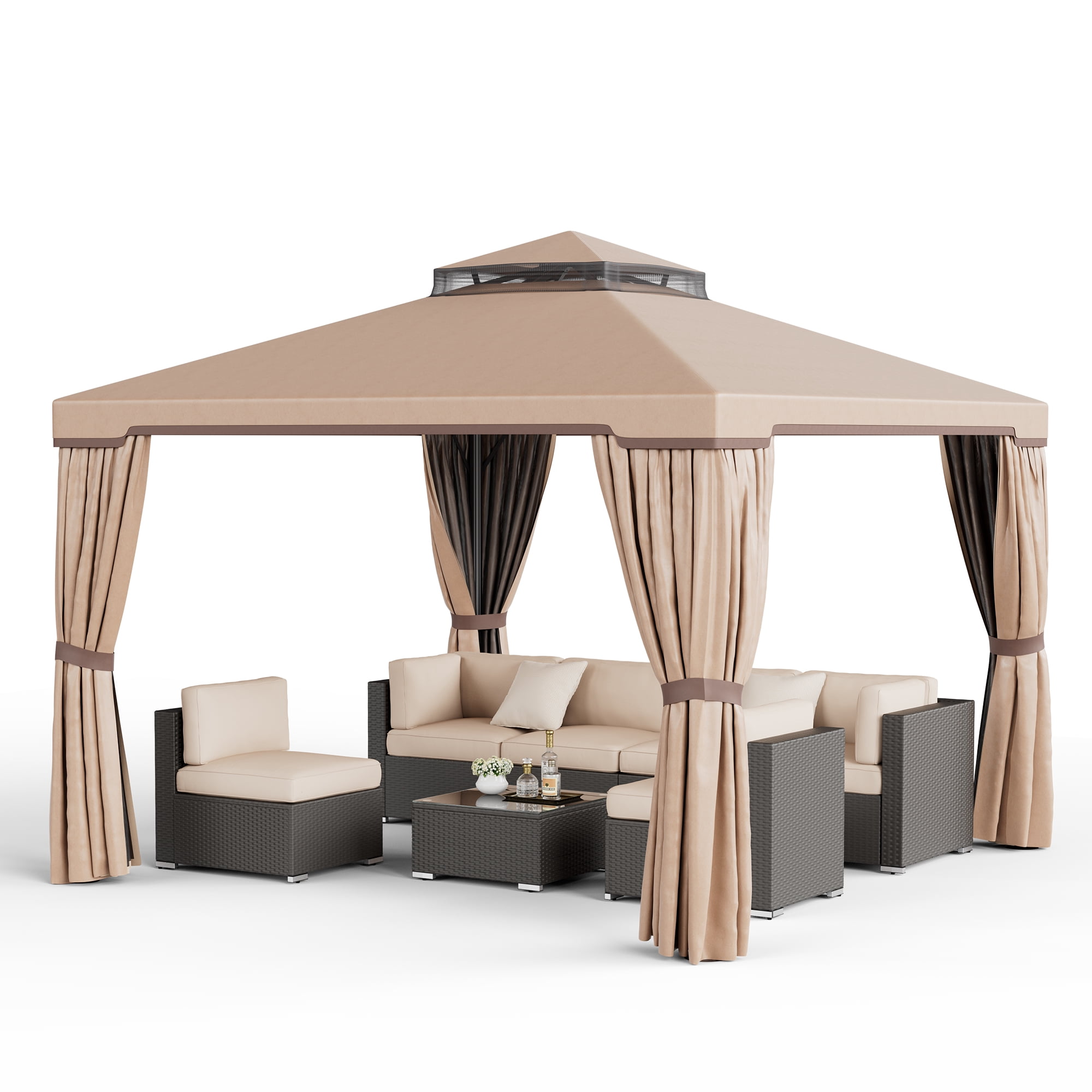 SUNCROWN 10 x 10 FT Outdoor Gazebo for Patio Iron Frame Garden Permanent Gazebo with Vented Soft Canopy and Mosquito Netting, Khaki