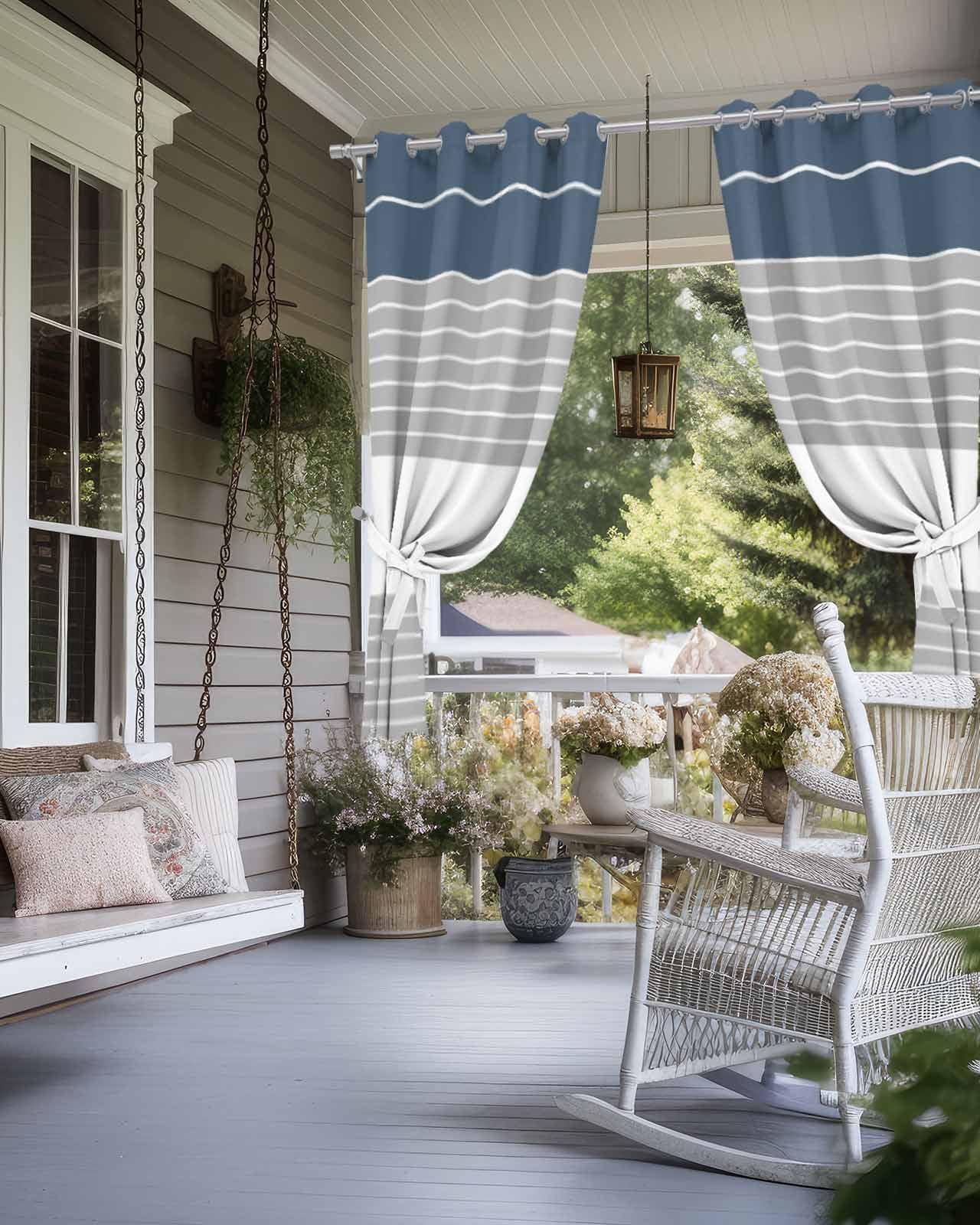 Haze Blue Grey Stripe Outdoor Curtains for Patio, Modern Art Horizontal Striped Privacy Drapes Grommet Waterproof Outside Curtains for Porch/Cabana/Balcony 54"x 95", 1 Panel
