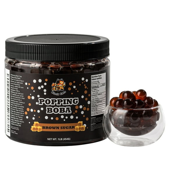 Black Cats Popping Boba Pearls | Brown Sugar Flavor | 1LB (454g) | Bursting Tea Balls for Drinks, Desserts, Smoothies, and Snack Toppings | Bubble Tea Tapioca Pearl Mix