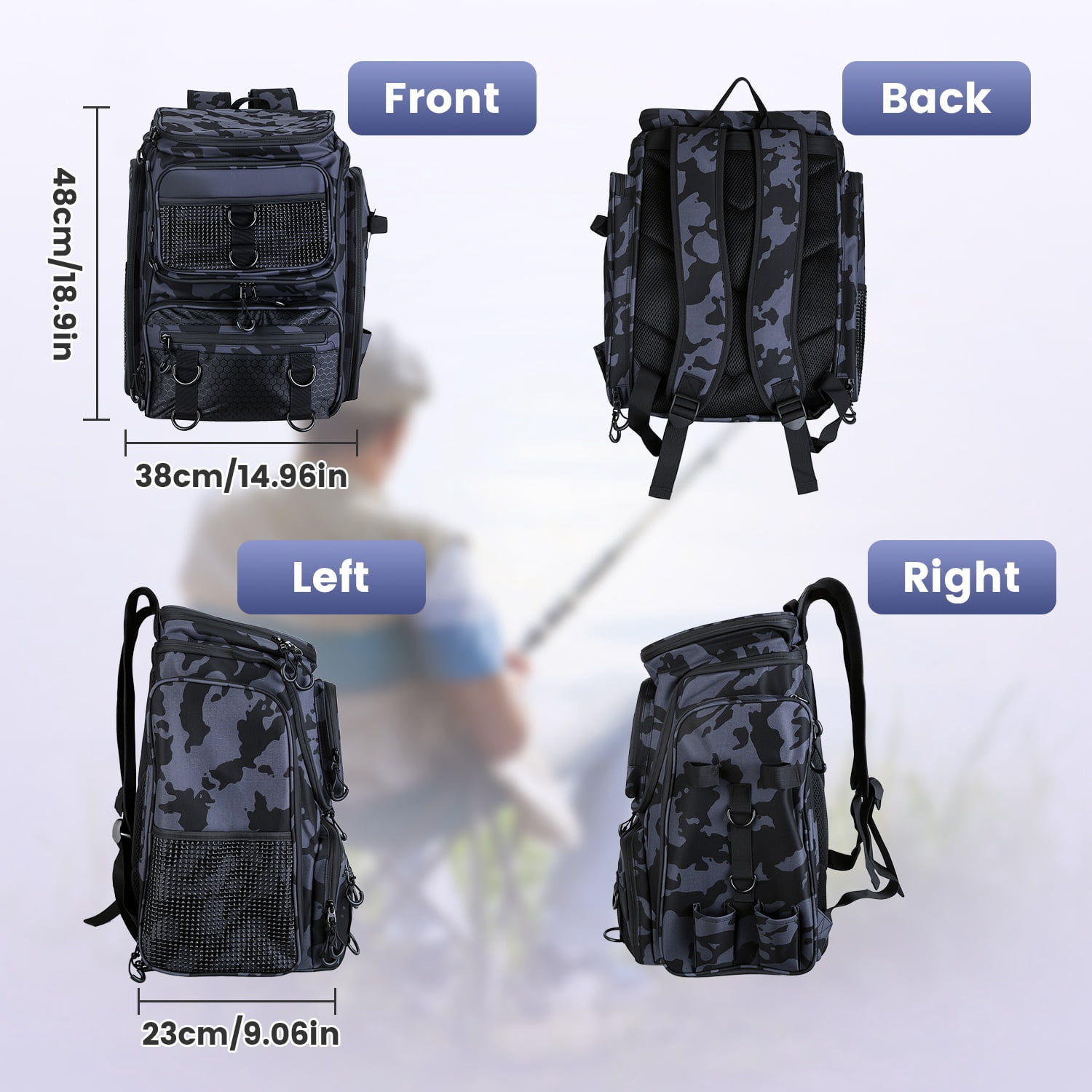 Teqhome 42L/11Gal Fishing Backpack Fishing Tackle Backpack Waterproof 16-Pocket Rod Holders Divider Adjustable Padded Straps Water-Resistant for Fishing Gear Outdoor Camping Hiking