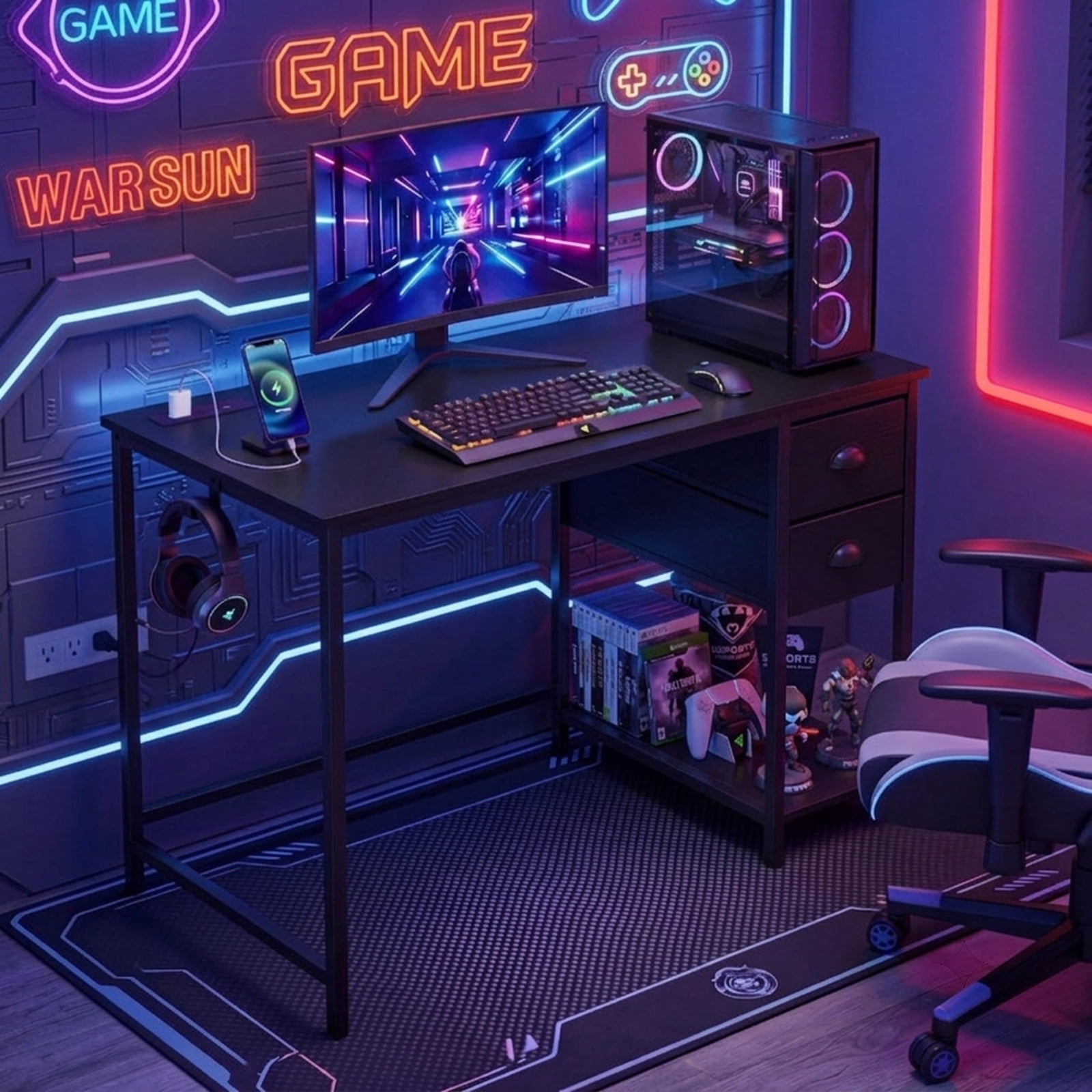 Furnibear Computer Desk with Charging Station and 2 Fabric Drawers, 38 Inch Small Home Office Desk with Headphone Hook and Metal Frame, Black