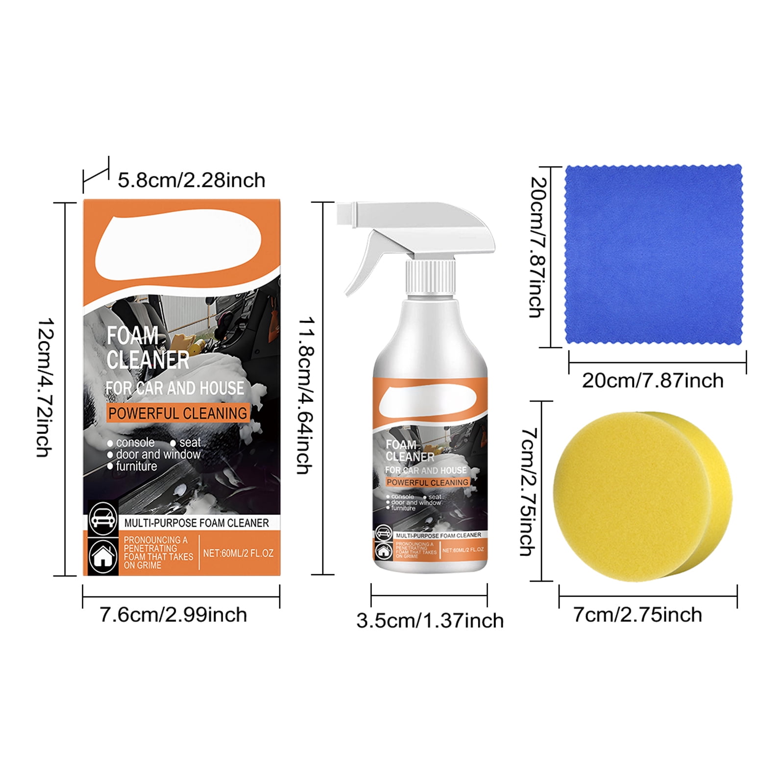 Alvantor Car Foam Cleaner, Multi-Functional Interior Stain Cleaner for Seats, 2fl.oz