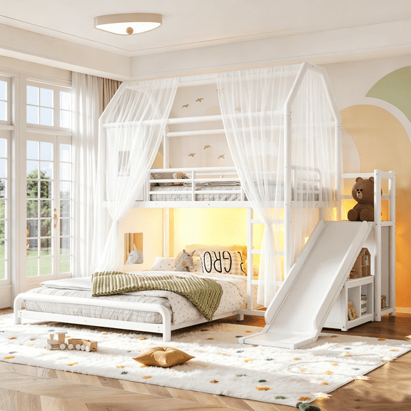Harper & Bright Designs Twin over Full Bunk Bed with Storage Cabinet and Hanging Rod, Metal Bunk Bed Frame with Slide & Ladder, House Bunk Bed with Curtain, Guardrails and LED Light Strip, White