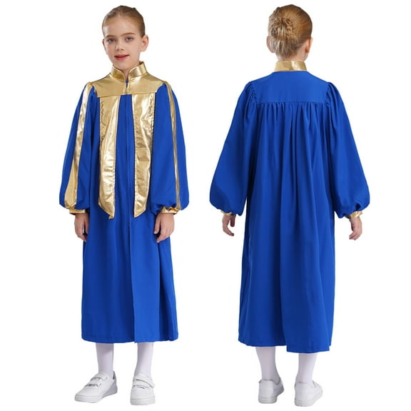 iiniim  Kids Girls Graduation Gown Color Block Stand Collar Long Sleeve Zipper Robe Dress Blue 8