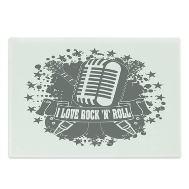 Rock Music Cutting Board, Monochrome Microphone Retro Style Guitars Stars and Dots Illustration Abstract, Decorative Tempered Glass Cutting and Serving Board, Large Size, Grey White, by Ambesonne