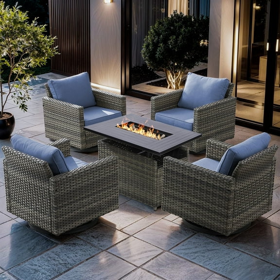 Gymojoy Outdoor Patio Furniture Set with Fire Pit Table, Rattan Wicker Swivel Rocker Chairs Sets with Swivel Glider Chairs and Coffee Table