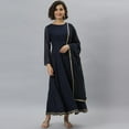 thumbnail image 3 of Janasya Indian Round Neck Full Sleeve Foil Print Navy Blue Poly Georgette Kurta With Dupatta For Women, 3 of 8