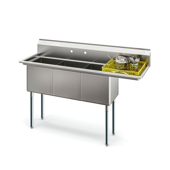 63 in Three Compartment Commercial Sink, Bowl Size 15x15x14, Stainless-Steel 16 Gauge with Right Drainboard (KM-SC151514-15R316)