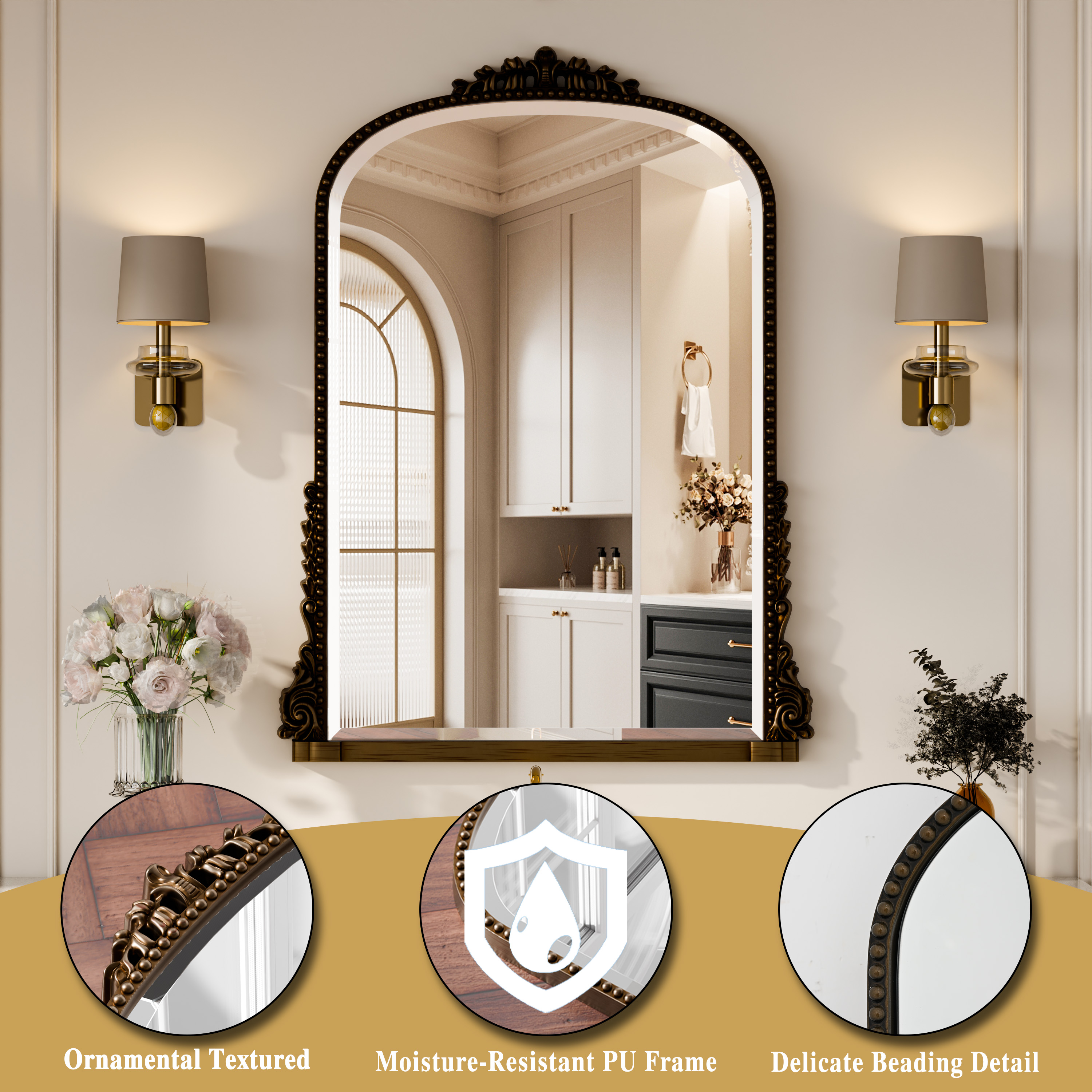 GRAHMCY 40"x 28" Arched Bathroom Mirror Hanging Vanity Mirror Decor Wall Mirror, Antique Bronze