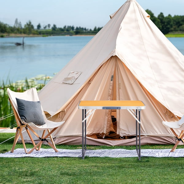2.3ft Aluminum Camping Folding Table wood grain color - Compact 27.5" Lightweight for Camp/Indoor/Outdoor