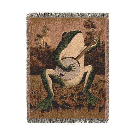 Green Frog Playing Banjo Woodland Woven Blanket, 100% Cotton, Rustic Folk Art for Living Room Decor
