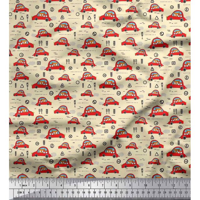 Soimoi Poly Georgette Fabric Car & Owl Cartoon Fabric Prints by Yard 42 Inch Wide