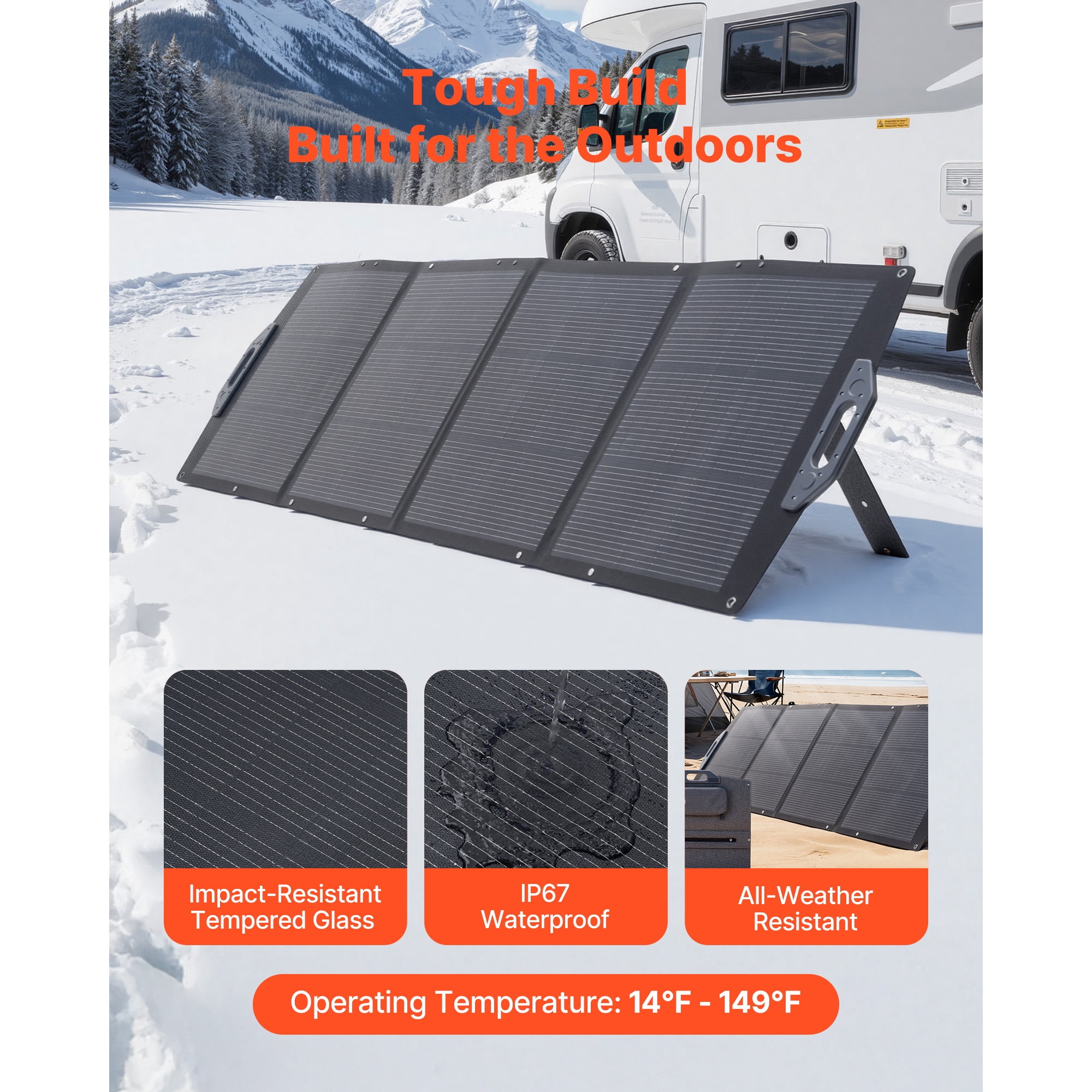 KFFKFF 200W Foldable Solar Panel, Portable Monocrystalline Charger with High-Efficiency Output, Multiple Ports (MC4, USB-A, Type-C, DC), IP67 Waterproof for Outdoor Use, Camping, and Hiking