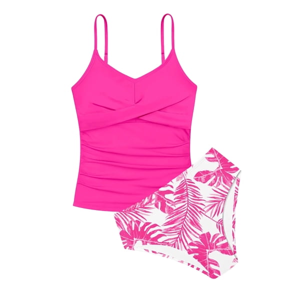 uikmnh Girls 2-Piece Tankini Swimsuit Floral Print Ruched Adjustable Top with Swim Skirt Comfortable Bathing Suit Color:Hot Pink,Size:15-16 Years