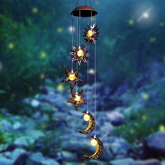XIBUFE Solar Wind Chimes Outdoor Decor, Sun Moon Star Hanging Garden Lights, Waterproof Yard Patio Ornament, Unique Gifts for Mom