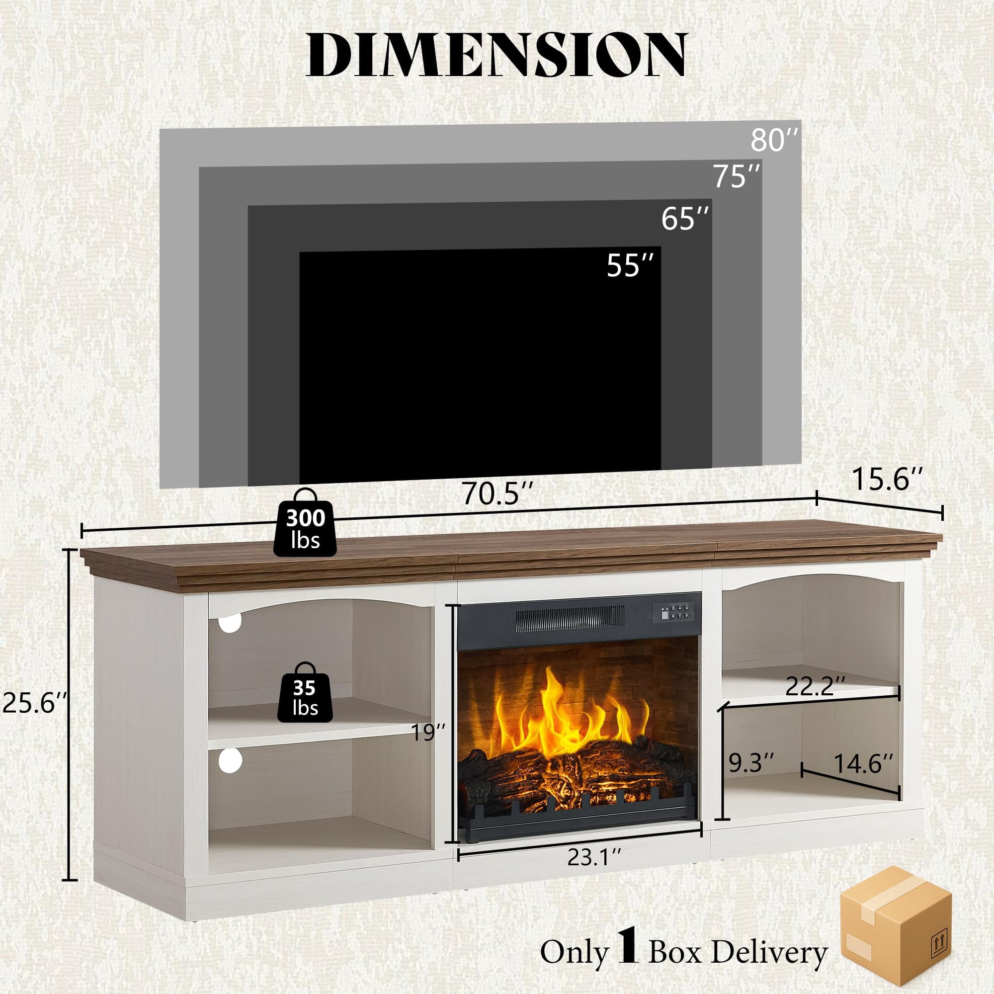 Merluxy 70" Fireplace TV Stand for TVs up to 80", Farmhouse Entertainment Center with 23" Electric Fireplace, Distressed White
