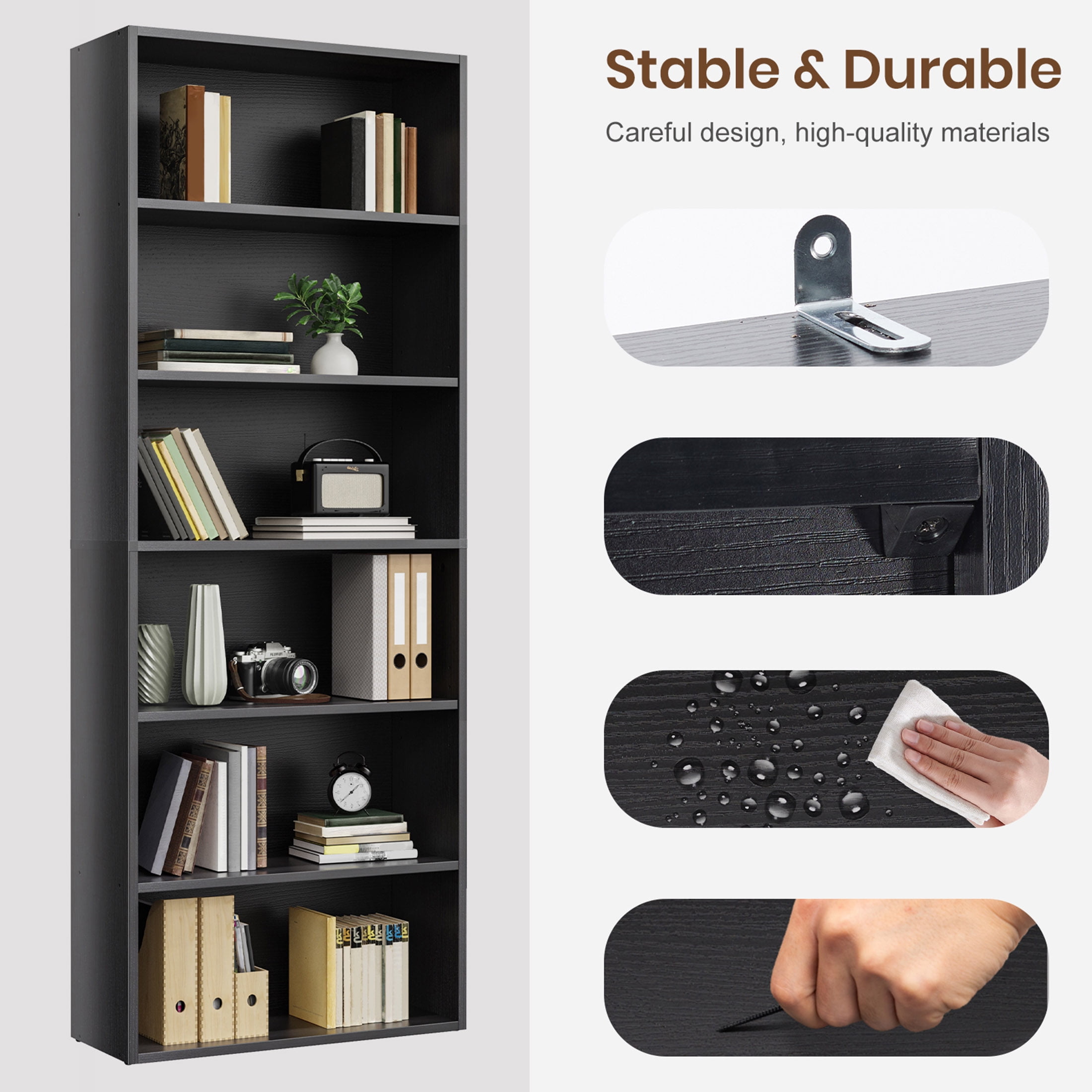 JIOABL 6 Tiers Bookcase, 63 Inch Large Storage Tall Standing Bookshelf with Adjustable Shelves for Home Office, Living Room, Bed Room, Black