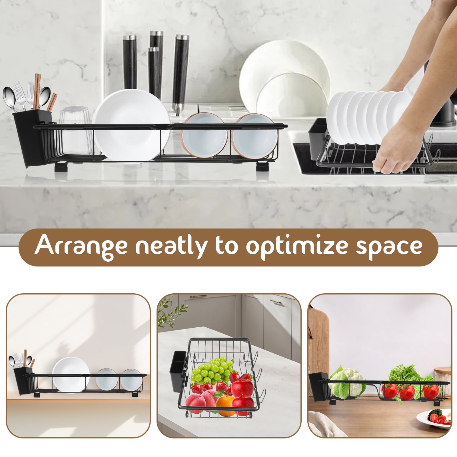 FKSZLL Expandable Dish Drying Rack in Sink Carbon Steel Dish Drain Rack Over Sink, Sink Dish Drainer for Kitchen Counter with Cutlery Holder, 16"~24.4" x 12.8" x 3.9"