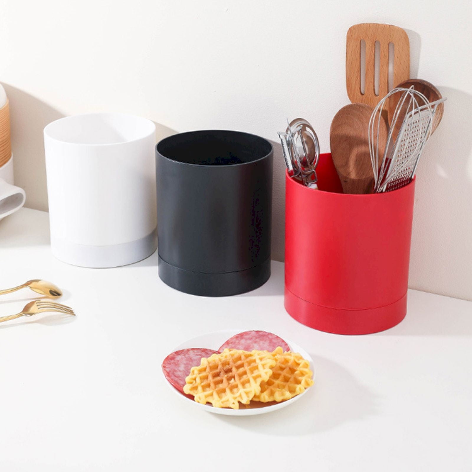 2pc 360° Rotating Kitchen Utensil Holder, Large Countertop Crock with 3 Compartments, Detachable Base Farmhouse Kitchen Organizerm,utensil holder countertop