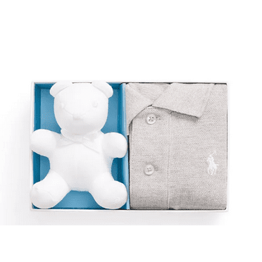 RALPH LAUREN Baby Boys or Girls Grey Mesh Polo Shirt , Bear Gift Set, 12 M